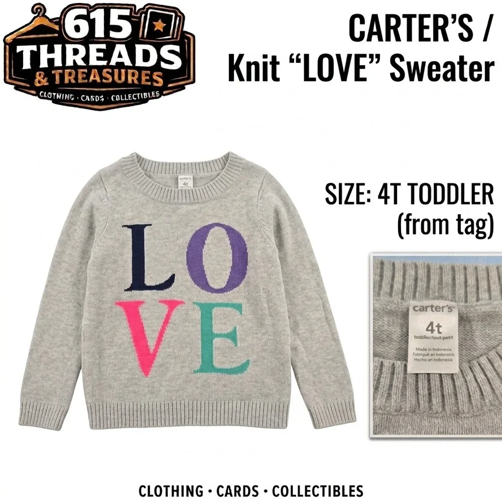 Carters Toddler Girls Gray Knit LOVE Graphic Sweater Size 4T Pullover